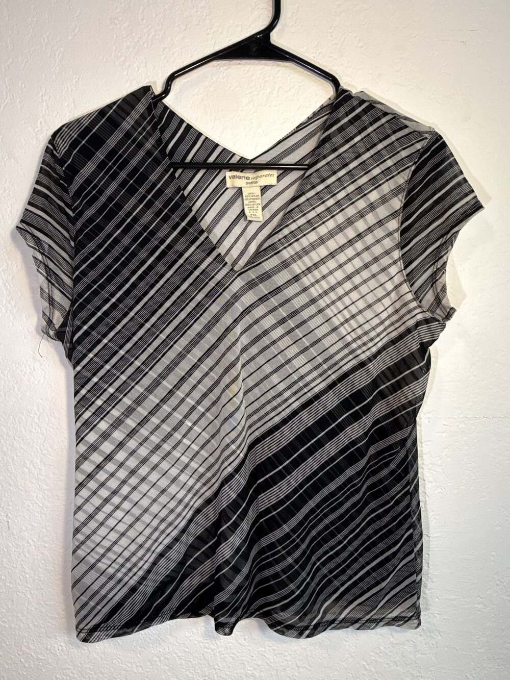 Valerie Separates Petite Blouse PXL Black White Striped V-Neck Cap Sleeve